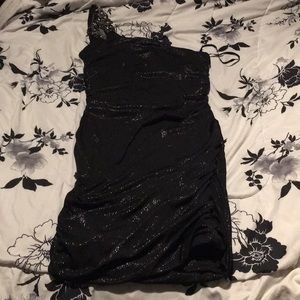 Black, One-Shouldered Glittery Mini Dress.